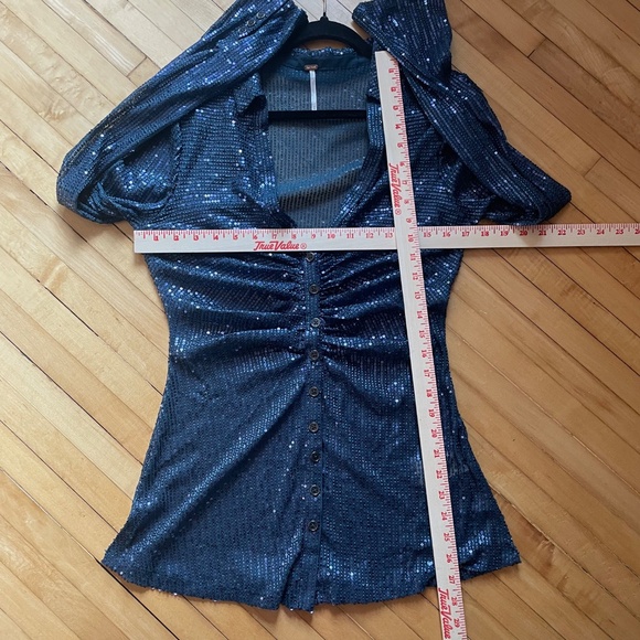 FREE PEOPLE Sequin Shirtee Varsity Navy Top Blouse Semi Sheer Boho Revolve - Picture 12 of 15